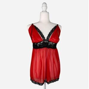 Red black lace trim mini slip nighty teddy lingerie sheer mini dress - size XL